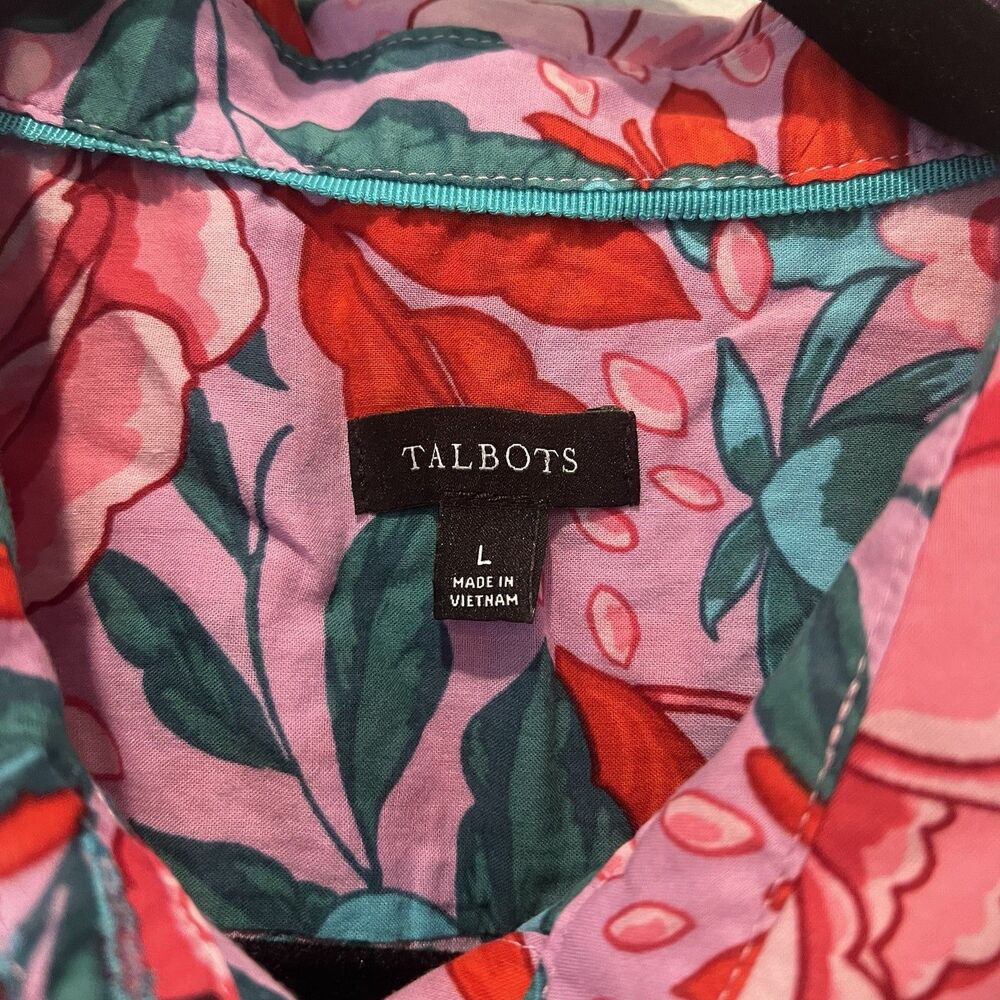 Talbots Cotton Button Front Shirt Sketched Blooms in Violet Sz L Lightweight - Picture 3 of 7